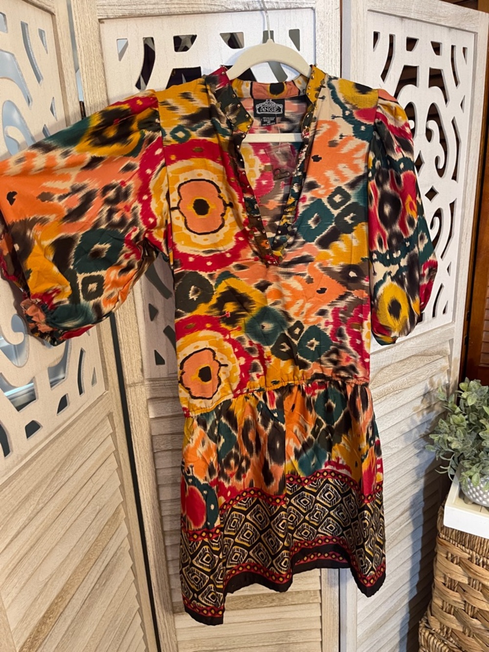 Angie Multicolor V-Neck Mini Dress in Orange, Red & Green